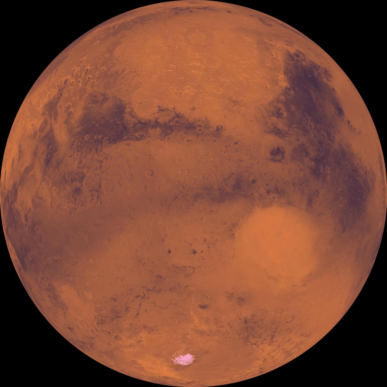 Heavily cratered highlands dominate this view from NASA's Viking Orbiter 1. Toward the lower right, a conspicuous light-colored circular depression marks the ancient large Hellas impact basin.  http://photojournal.jpl.nasa.gov/catalog/PIA00191