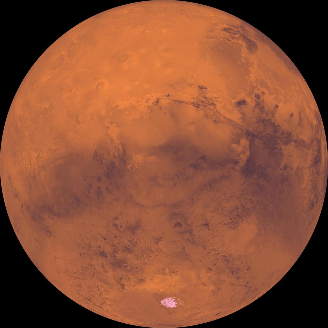 The top half of Mars is dominated by the Tharsis Montes volcanoes, the large Alba Patera shield volcano, the dark Chryse basin, and a vast canyon system, Valles Marineris in this image from NASA's Viking Orbiter 1. http://photojournal.jpl.nasa.gov/catalog/PIA00195