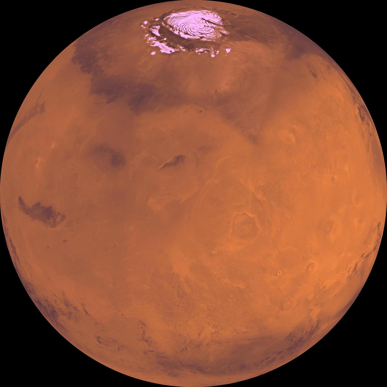 NASA's Viking Orbiter 1 spies the north polar residual ice cap, which is cut by spiral-patterned troughs and surrounded by the dark lowland plains of Vastitas Borealis, Mars is located at the top.  http://photojournal.jpl.nasa.gov/catalog/PIA00197