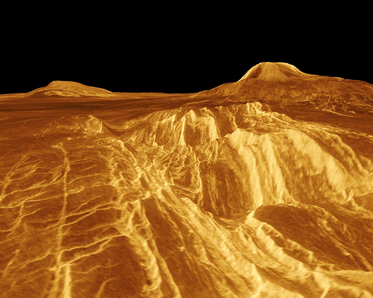 A portion of western Eistla Regio is shown in this three dimensional, computer-generated view of the surface of Venus. This NASA Magellan image was released on April 22, 1992. http://photojournal.jpl.nasa.gov/catalog/PIA00200