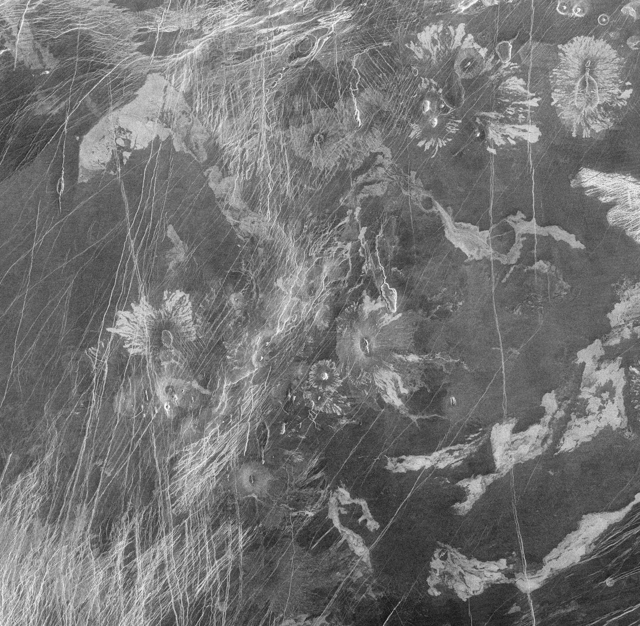 This image from the Atla region of Venus obtained by NASA Magellan spacecraft shows several types of volcanic features and superimposed surface fractures. http://photojournal.jpl.nasa.gov/catalog/PIA00201