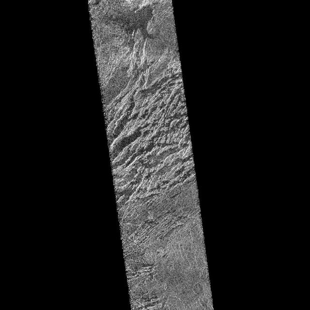 This portion of NASA Magellan radar image strip shows a small region on Venus 20 kilometers 12.4 miles wide and 75 km 50 miles long on the east flank of a major volcanic upland called Beta Regio. http://photojournal.jpl.nasa.gov/catalog/PIA00206
