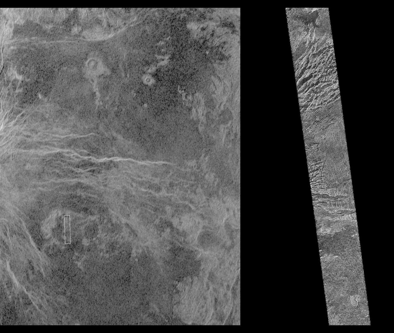 This image shows a comparison between NASA Magellan image right and the highest resolution Earth-based Arecibo radar image of Venus.  http://photojournal.jpl.nasa.gov/catalog/PIA00207
