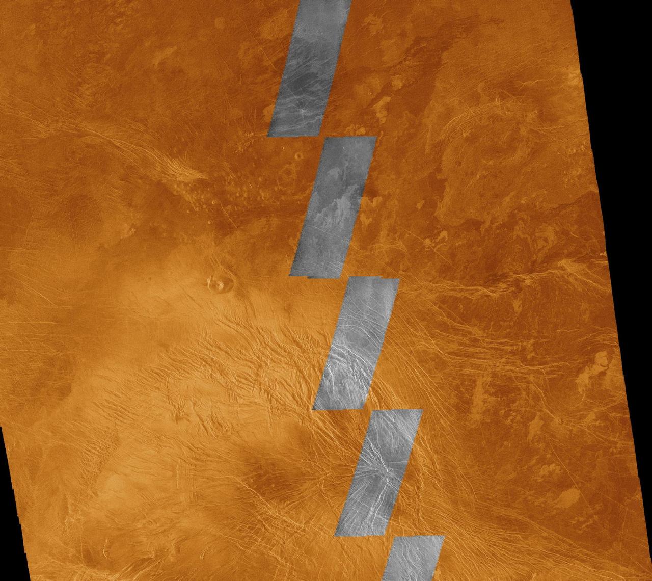 This image compares NASA Magellan data acquired in August 1990 during the initial test of the radar system black and white insets with data acquired by the spacecraft in April 1991 color background. The area is in the southern hemisphere of Venus.  http://photojournal.jpl.nasa.gov/catalog/PIA00220