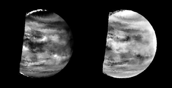 These images are two versions of a near-infrared map of lower-level clouds on the night side of Venus, obtained by the Near Infrared Mapping Spectrometer aboard NASA Galileo spacecraft as it approached the planet February 10, 1990.  http://photojournal.jpl.nasa.gov/catalog/PIA00221