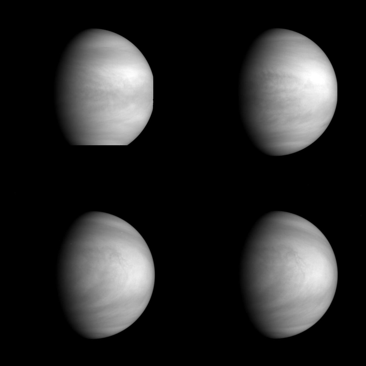 This series of pictures shows four views of the planet Venus obtained by NASA Galileo Solid State Imaging System at ranges of 1.4 to 2 million miles as the spacecraft receded from Venus.  http://photojournal.jpl.nasa.gov/catalog/PIA00223