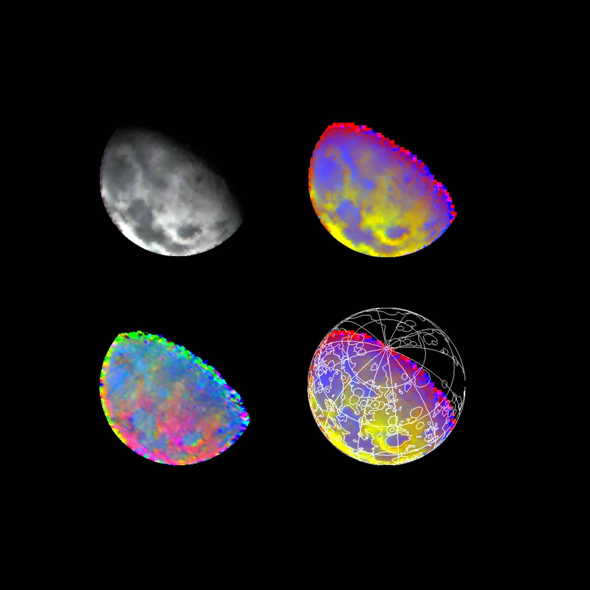 These four images of the Moon are from data acquired by NASA Galileo spacecraft Near-Earth Mapping Spectrometer during Galileo December 1992 Earth/Moon flyby.
