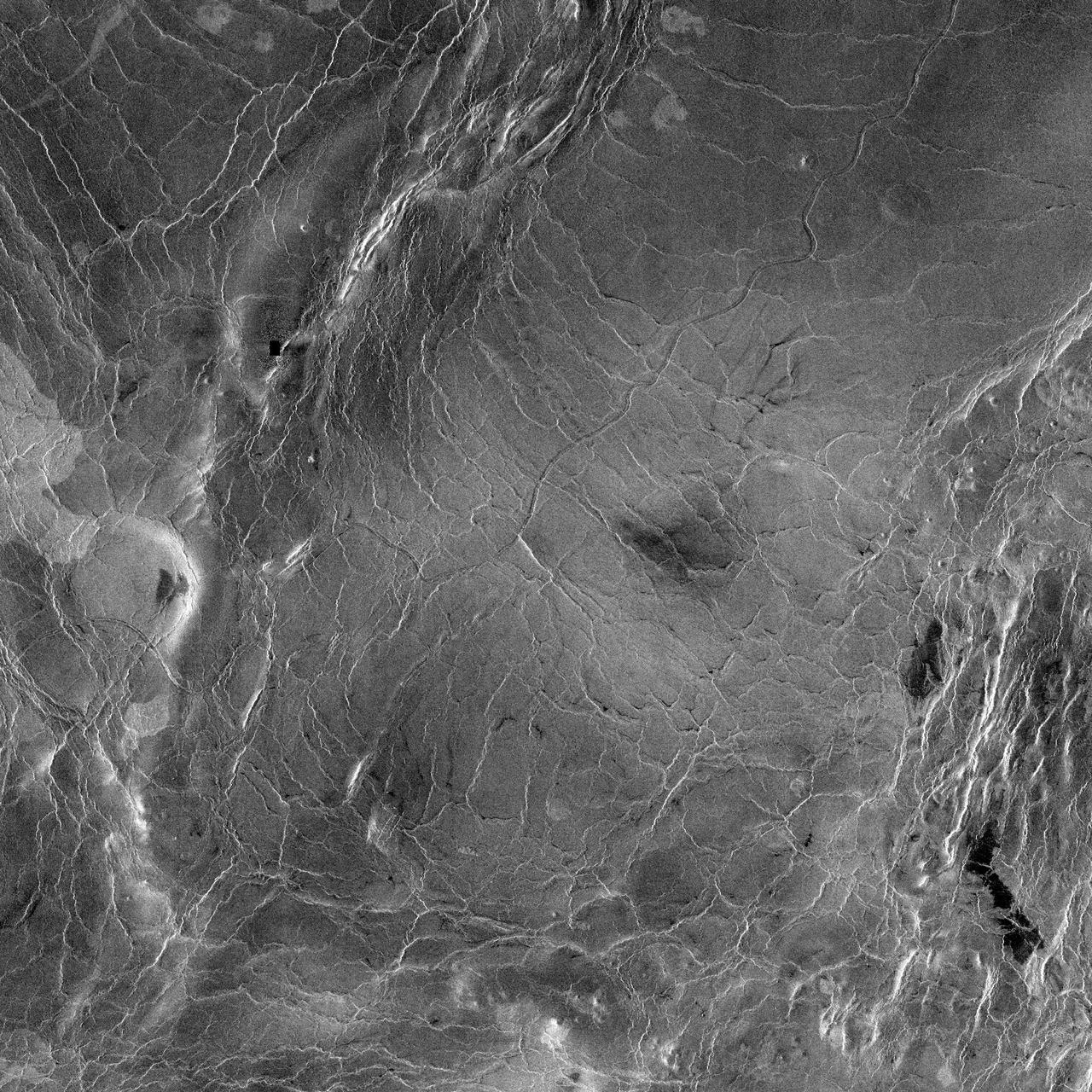 This compressed resolution radar mosaic from NASA Magellan spacecraft shows a 600 kilometers 360 mile segment of the longest channel discovered on Venus in 1990. http://photojournal.jpl.nasa.gov/catalog/PIA00245