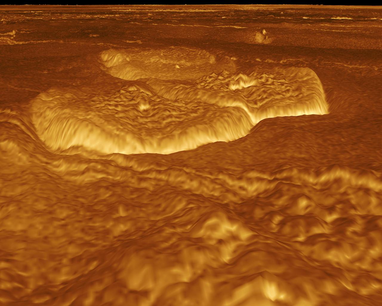 A portion of the eastern edge of Alpha Regio is displayed in this three-dimensional perspective view of the surface of Venus from NASA Magellan spacecraft. http://photojournal.jpl.nasa.gov/catalog/PIA00246