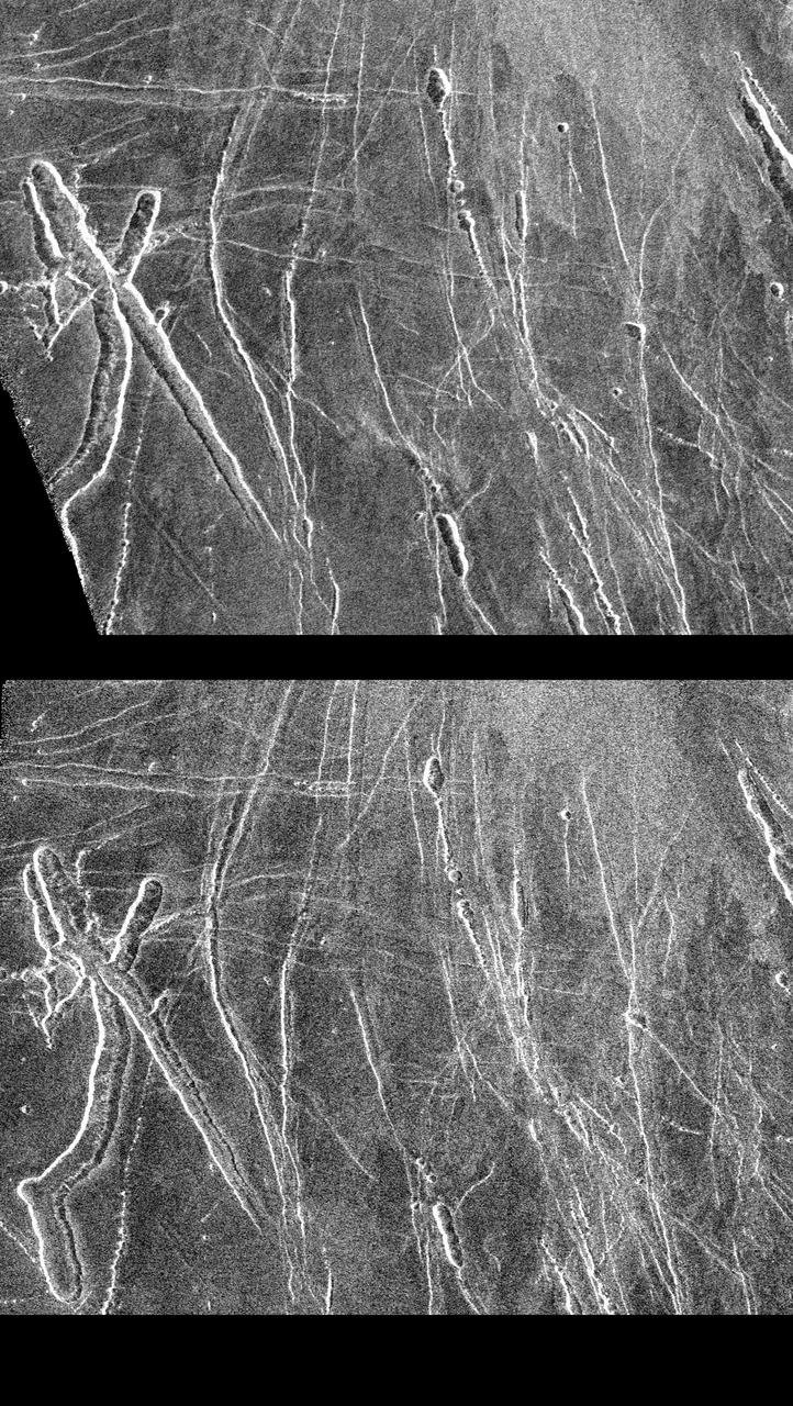 These two radar images from NASA Magellan spacecraft are centered about 60.5 degrees south latitude and 348.8 degrees east longitude in the eastern Lavinia Region of Venus. http://photojournal.jpl.nasa.gov/catalog/PIA00247