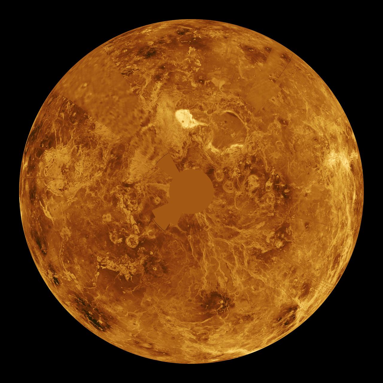 The northern hemisphere is displayed in this global view of the surface of Venus. NASA Magellan synthetic aperture radar mosaics from the first cycle of Magellan mapping were mapped onto a computer-simulated globe to create this image. http://photojournal.jpl.nasa.gov/catalog/PIA00252