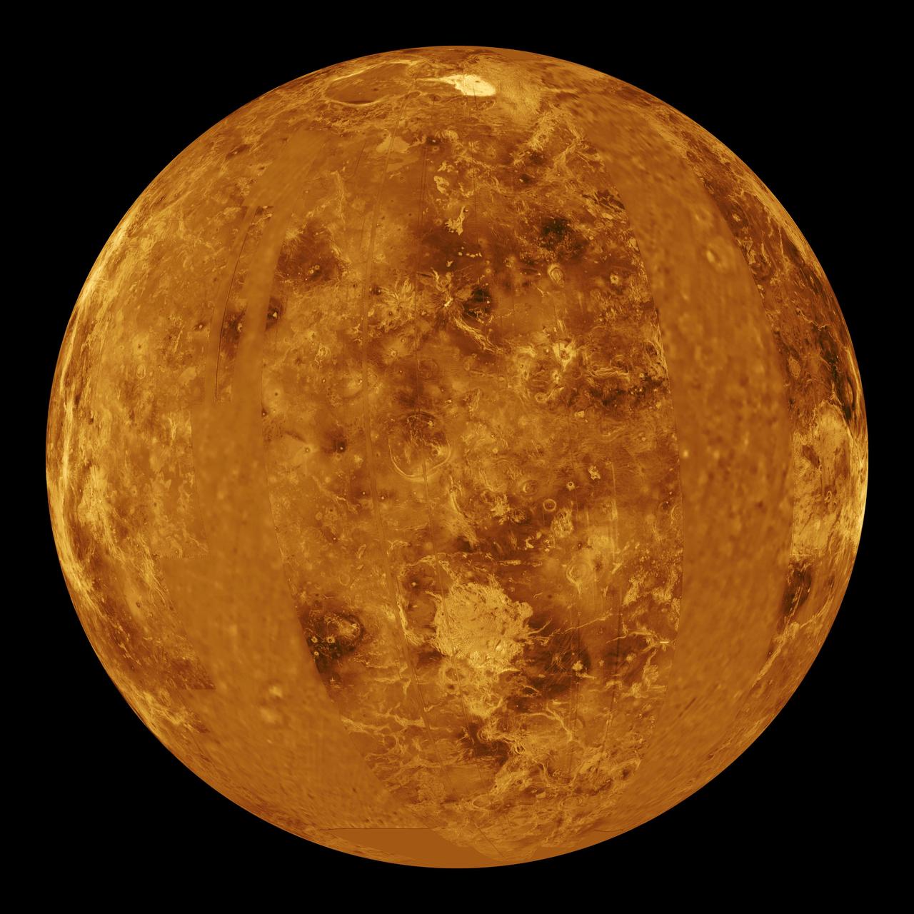 This global view of the surface of Venus is centered at 0 degrees east longitude. NASA Magellan synthetic aperture radar mosaics from the first cycle of Magellan mapping were mapped onto a computer-simulated globe to create this image.   http://photojournal.jpl.nasa.gov/catalog/PIA00257