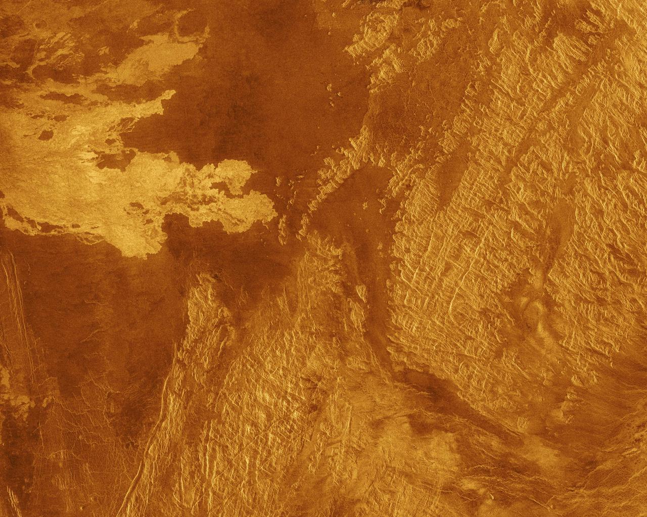 This false color Magellan image shows a portion of Eistla Regio region in the northern hemisphere of Venus, centered at 1 degrees south latitude, 37 degrees east longitude. http://photojournal.jpl.nasa.gov/catalog/PIA00258