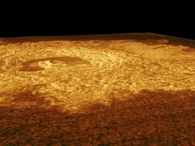 This full resolution radar mosaic from NASA Magellan spacecraftshows an oblique view of the impact crater Riley, named for Margaretta Riley, a 19th Century botanist.  http://photojournal.jpl.nasa.gov/catalog/PIA00266