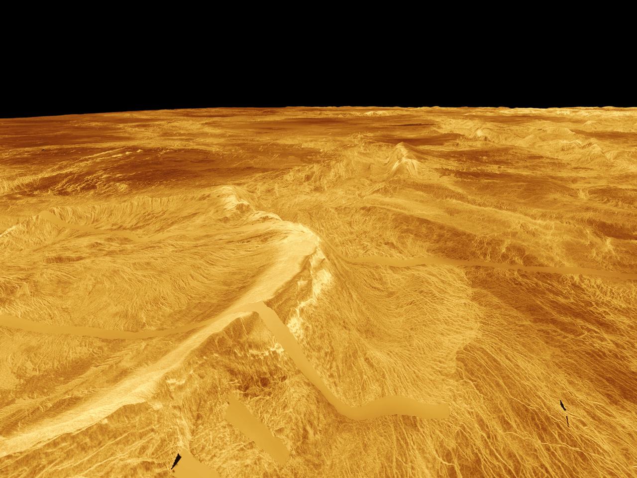 This computer-generated perspective view of Latona Corona and Dali Chasma on Venus shows NASA Magellan radar data superimposed on topography.  http://photojournal.jpl.nasa.gov/catalog/PIA00268