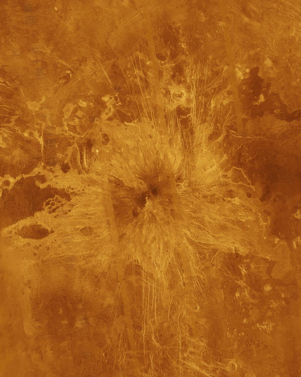 Ushas Mons, a volcano in the southern hemisphere of Venus is shown in this radar image from NASA Magellan spacecraft. The volcano is marked by numerous bright lava flows and a set of north-south trending fractures. http://photojournal.jpl.nasa.gov/catalog/PIA00272