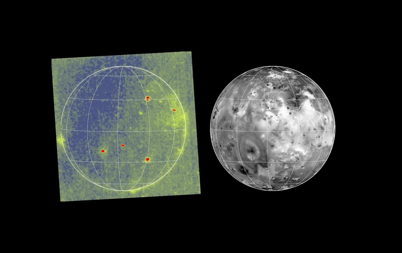 Volcanic hot spots and auroral emissions glow on the darkside of Jupiter moon Io in the image at left. The image was taken by the camera onboard NASA Galileo spacecraft on 29 June, 1996 UT while Io was in Jupiter shadow. http://photojournal.jpl.nasa.gov/catalog/PIA00274
