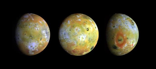 Three full-disk color views of Jupiter volcanic moon Io as seen by NASA Galileo spacecraft are shown in enhanced color to highlight details of the surface. http://photojournal.jpl.nasa.gov/catalog/PIA00292