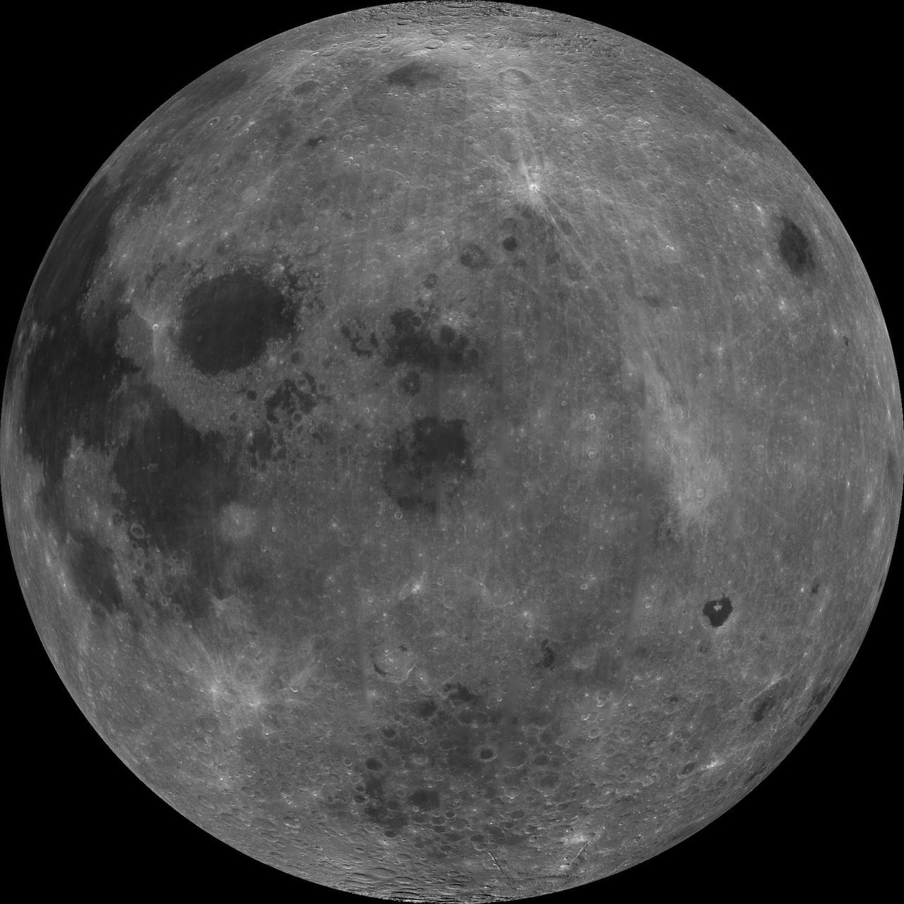 About 50,000 Clementine images were processed to produce the four orthographic views of the Moon. The images show albedo variations (normalized brightness or reflectivity) of the surface at a wavelength of 750 nm (just longward of visible red). The image projection is centered at 0 degree latitude and 180 degrees longitude. Mare Moscoviense (dark albedo feature upper left of image center) and South Pole-Aitken Basin (dark feature at bottom) represent maria regions largely absent on the lunar farside. The Clementine altimeter showed Aitken Basin to consist of a topographic rim about 2500 km in diameter, an inner shelf ranging from 400 to 600 km in width, and an irregular depressed floor about 12 km in depth.  http://photojournal.jpl.nasa.gov/catalog/PIA00303
