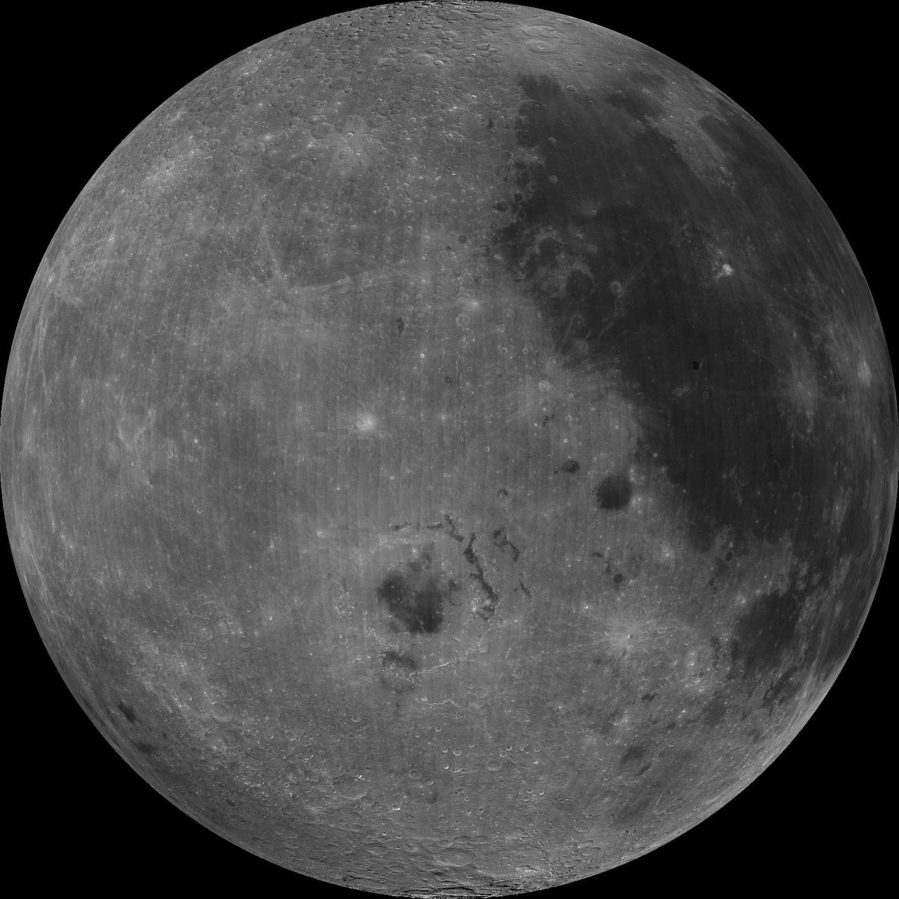 About 50,000 Clementine images were processed to produce the four orthographic views of the Moon. The images show albedo variations (normalized brightness or reflectivity) of the surface at a wavelength of 750 nm (just longward of visible red). The image projection is centered at 0 degree latitude and 180 degrees longitude. Mare Moscoviense (dark albedo feature upper left of image center) and South Pole-Aitken Basin (dark feature at bottom) represent maria regions largely absent on the lunar farside. The Clementine altimeter showed Aitken Basin to consist of a topographic rim about 2500 km in diameter, an inner shelf ranging from 400 to 600 km in width, and an irregular depressed floor about 12 km in depth.  http://photojournal.jpl.nasa.gov/catalog/PIA00304
