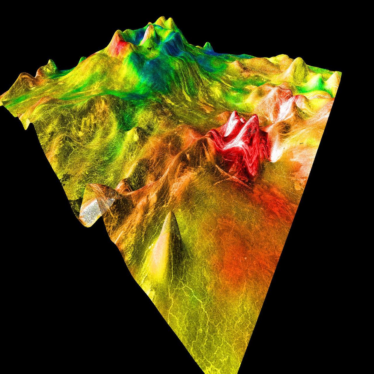 This perspective view of Venus, generated by computer from NASA Magellan data and color-coded with emissivity, shows part of the lowlands to the north of Ovda Regio. The prominent topographic feature is a shield volcano.  http://photojournal.jpl.nasa.gov/catalog/PIA00308