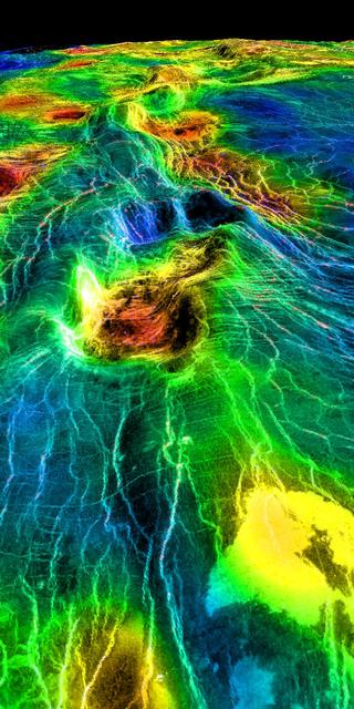 This perspective view of Venus, generated by computer from NASA Magellan data and color-coded with emissivity, shows part of the lowland plains in Sedna Planitia. Circular depressions with associated fracture patterns, called coronae. http://photojournal.jpl.nasa.gov/catalog/PIA00313