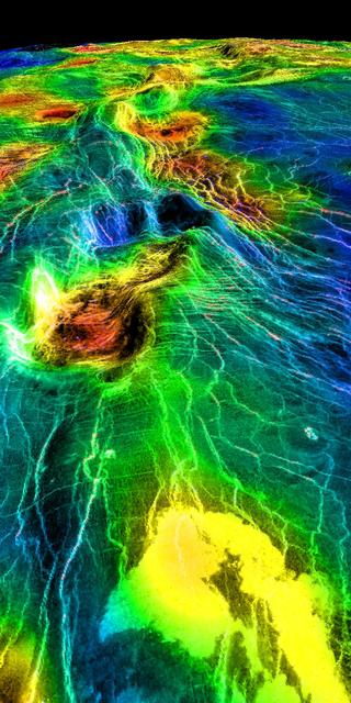 This perspective view of Venus, generated by computer from NASA Magellan data and color-coded with emissivity, shows part of the lowland plains in Sedna Planitia.  http://photojournal.jpl.nasa.gov/catalog/PIA00314