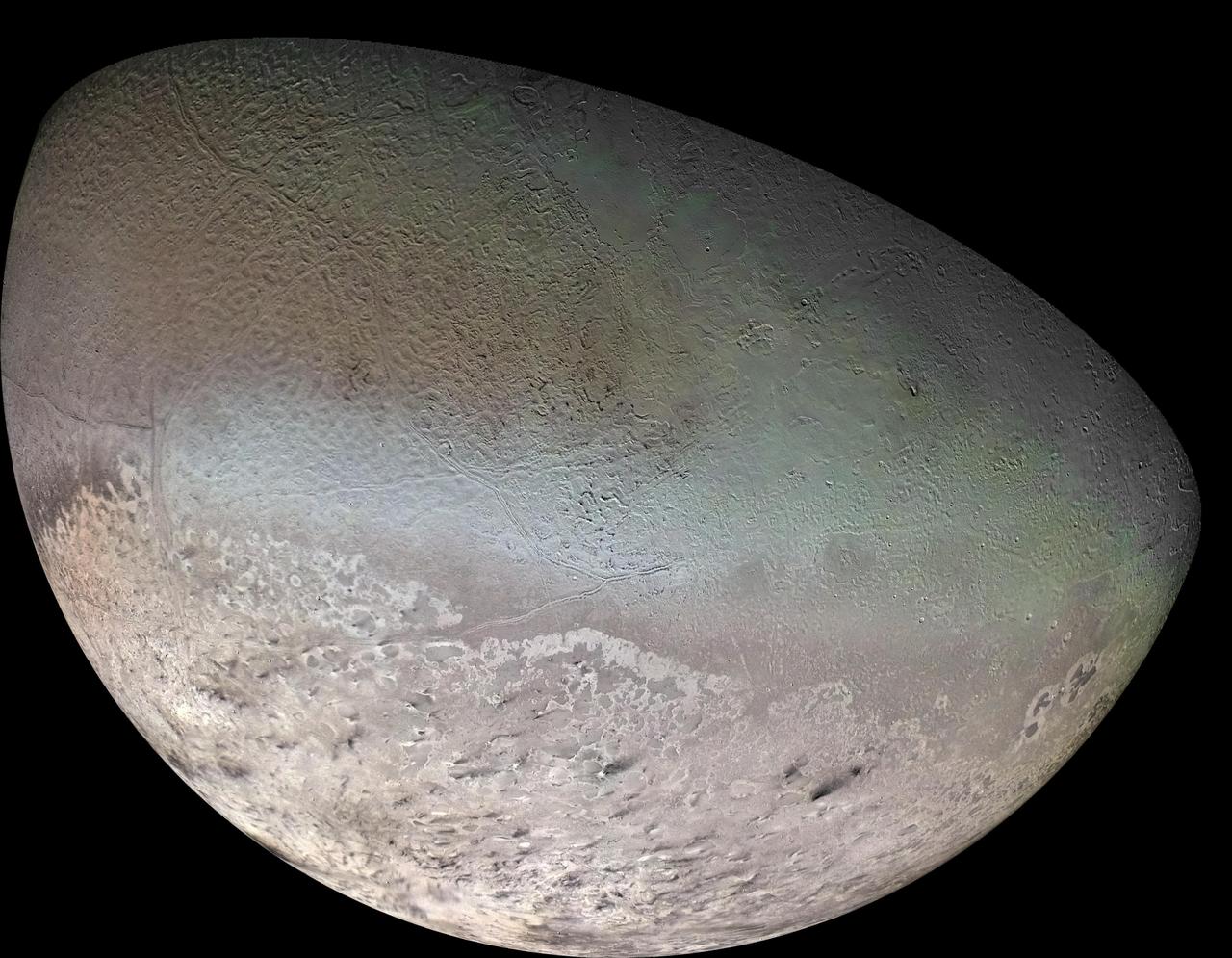 Global color mosaic of Triton, taken in 1989 by Voyager 2 during its flyby of the Neptune system. Color was synthesized by combining high-resolution images taken through orange, violet, and ultraviolet filters; these images were displayed as red, green, and blue images and combined to create this color version. With a radius of 1,350 (839 mi), about 22% smaller than Earth's moon, Triton is by far the largest satellite of Neptune. It is one of only three objects in the Solar System known to have a nitrogen-dominated atmosphere (the others are Earth and Saturn's giant moon, Titan). Triton has the coldest surface known anywhere in the Solar System (38 K, about -391 degrees Fahrenheit); it is so cold that most of Triton's nitrogen is condensed as frost, making it the only satellite in the Solar System known to have a surface made mainly of nitrogen ice. The pinkish deposits constitute a vast south polar cap believed to contain methane ice, which would have reacted under sunlight to form pink or red compounds. The dark streaks overlying these pink ices are believed to be an icy and perhaps carbonaceous dust deposited from huge geyser-like plumes, some of which were found to be active during the Voyager 2 flyby. The bluish-green band visible in this image extends all the way around Triton near the equator; it may consist of relatively fresh nitrogen frost deposits. The greenish areas includes what is called the cantaloupe terrain, whose origin is unknown, and a set of "cryovolcanic" landscapes apparently produced by icy-cold liquids (now frozen) erupted from Triton's interior. http://photojournal.jpl.nasa.gov/catalog/PIA00317