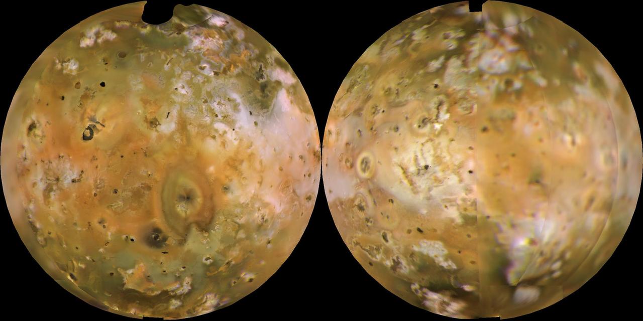 NASA's Voyager 1 computer color mosaics, shown in approximately natural color and in Lambertian equal-area projections, show the Eastern (left) and Western (right) hemispheres of Io. This innermost of Jupiter's 4 major satellites is the most volcanically active object in the solar system. Io is 2263 mi (3640 km) in diameter, making it a little bigger than Earth's moon. Almost all the features visible here have volcanic origins, including several calderas and eruption plumes that were active at the time of the Voyager 1 encounter.   http://photojournal.jpl.nasa.gov/catalog/PIA00318