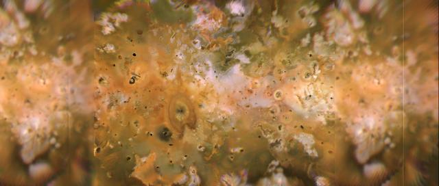 Io's volcanic plains are shown in this Voyager 1 image mosaic which covers the area roughly from latitude 60 degrees N. to latitude 60 degrees S. and longitude 100-345. North is up. Numerous volcanic calderas, lava flows, and volcanic eruption plumes are visible here. The composition of Io's volcanic plains and lava flows has not been determined, but they could consist dominantly of sulfur with surface frosts of sulfur dioxide or of silicates (such as basalt) encrusted with sulfur and sulfur dioxide condensates. The bright whitish patches probably consist of freshly deposited sulfur dioxide frost. http://photojournal.jpl.nasa.gov/catalog/PIA00319