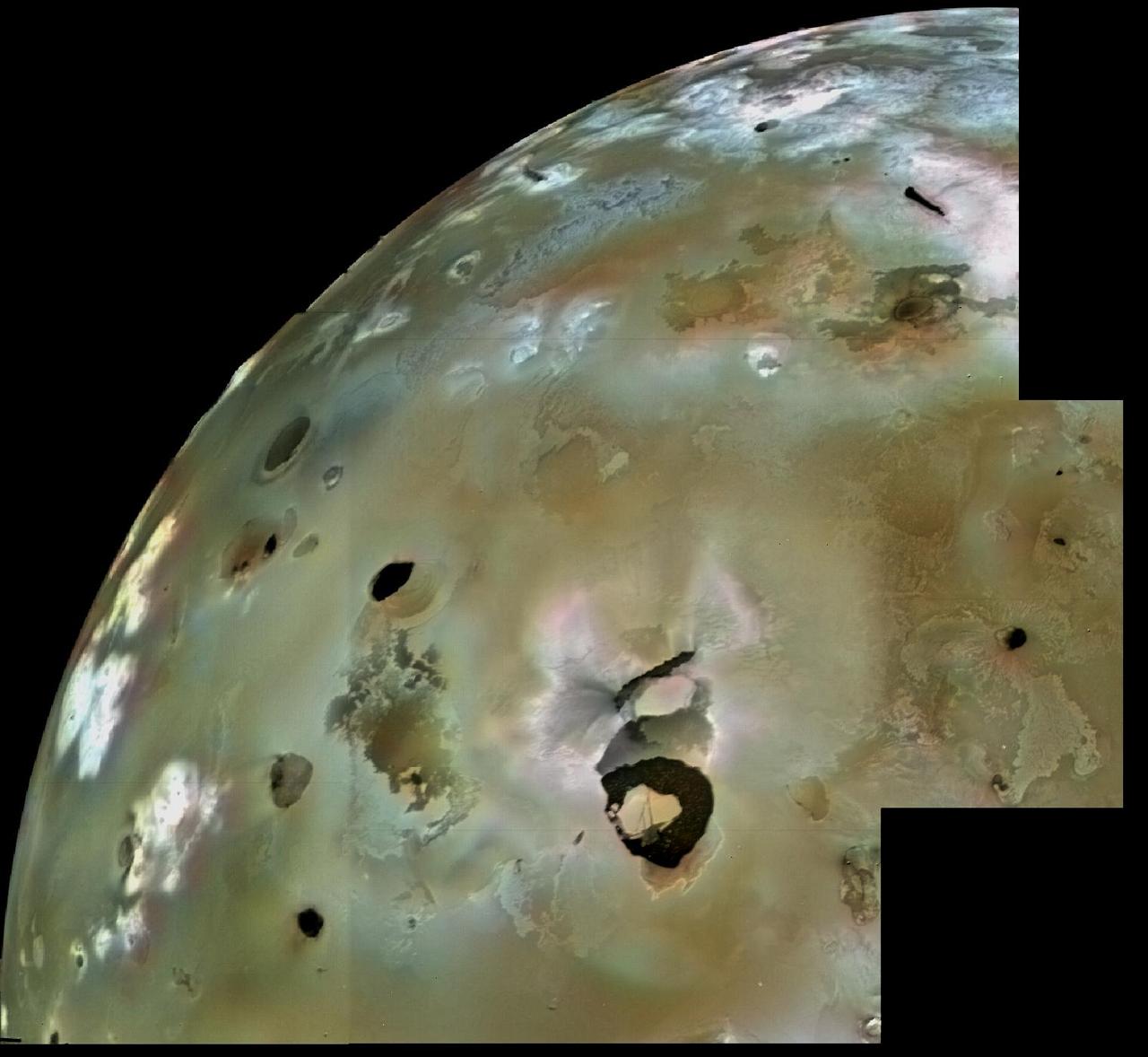 A huge area of Io's volcanic plains is shown in this Voyager 1 image mosaic. Numerous volcanic calderas and lava flows are visible here. Loki Patera, an active lava lake, is the large shield-shaped black feature. Heat emitted from Loki can be seen through telescopes all the way from Earth. These telescopic observations tell us that Loki has been active continuously (or at least every time astronomers have looked) since the Voyager 1 flyby in March 1979. The composition of Io's volcanic plains and lava flows has not been determined, but they could consist dominantly of sulfur with surface frosts of sulfur dioxide or of silicates (such as basalts) encrusted with sulfur and sulfur dioxide condensates. The bright whitish patches probably consist of freshly deposited SO2 frost. The black spots, including Loki, are probably hot sulfur lava, which may remain molten by intrusions of molten silicate magma, coming up from deeper within Io. The ultimate source of heat that keeps Io active is tidal frictional heating due to the continual flexure of Io by the gravity of Jupiter and Europa, another of Jupiter's satellites. http://photojournal.jpl.nasa.gov/catalog/PIA00320