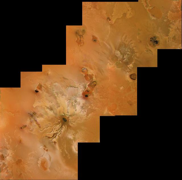 Io's volcanic plains are shown in this Voyager 1 image mosaic. Also visible are numerous volcanic calderas and lava flows. Ra Patera with its multihued lava flows is below and right of the mosaic's center. This scene is about 1300 miles (2100 km) long. The composition of Io's volcanic plains and lava flows has not been determined, but they could consist dominantly of sulfur or of silicates (such as basalt) coated with sulfur condensates. The bright whitish patches probably consist of freshly deposited SO2 frost. http://photojournal.jpl.nasa.gov/catalog/PIA00321