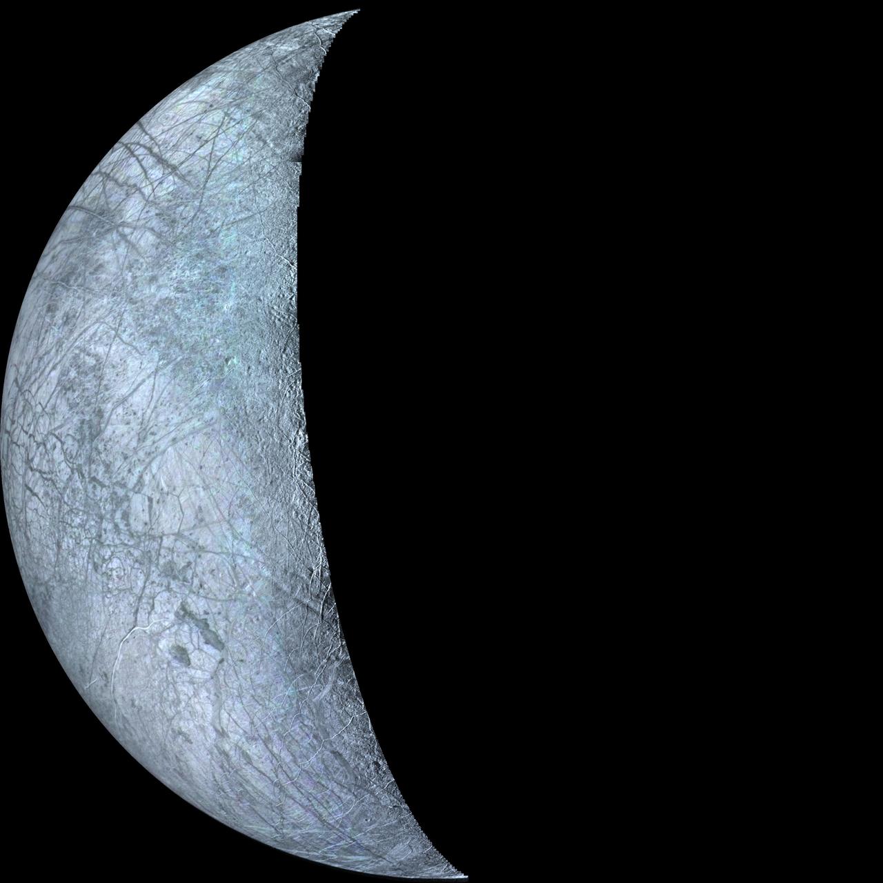 This archival image taken by NASA Voyager 2, is of Europa, the smallest Galilean satellite. The bright areas are probably ice deposits, whereas the darkened areas may be the rocky surface or areas with a more patchy distribution of ice.  http://photojournal.jpl.nasa.gov/catalog/PIA00325