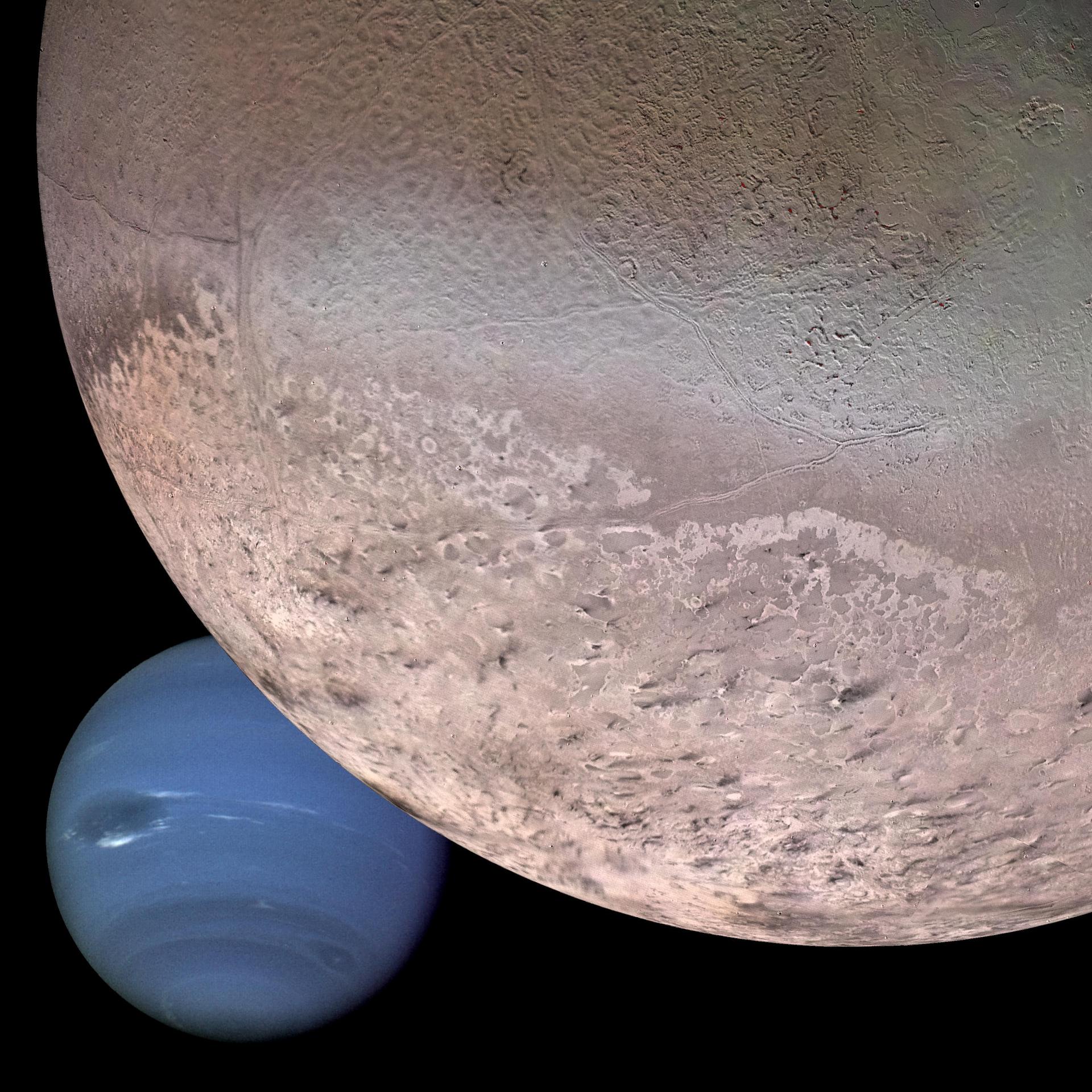 This computer generated montage created from images obtained by NASA Voyager 2 shows Neptune as it would appear from a spacecraft approaching Triton, Neptune largest moon at 2706 km 1683 mi in diameter.