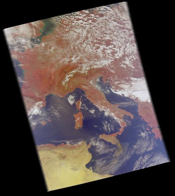 Mt. Etna, a volcano on the island of Sicily, erupted on October 26, 2002, as seen by the Atmospheric Infrared Sounding System AIRS on NASA Aqua.  http://photojournal.jpl.nasa.gov/catalog/PIA00355