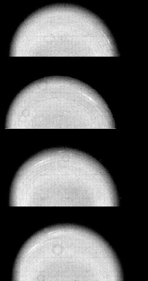 These time-lapse images of Uranus. taken by NASA Voyager 2 on Jan. 14, 1986, show the movement of two small, bright, streaky clouds -- the first such features ever seen on the planet.  http://photojournal.jpl.nasa.gov/catalog/PIA00369