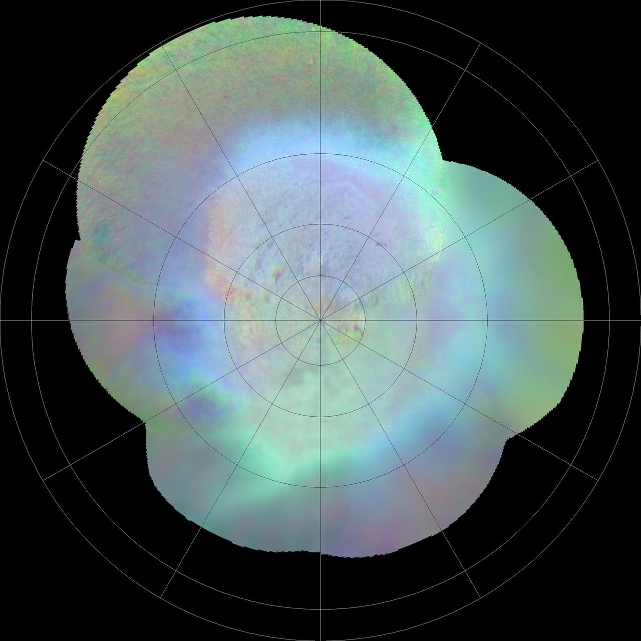 This polar projection from NASA Voyager 2 of Triton southern hemisphere provides a view of the southern polar cap and bright equatorial fringe. The margin of the cap is scalloped and ranges in latitude from +10 degrees to -30 degrees. The bright fringe is closely associated with the cap's margin; from it, diffuse bright rays extend north-northeast for hundreds of kilometers. The bright fringe probably consists of very fresh nitrogen frost or snow, and the rays consist of bright-fringe materials that were redistributed by north-moving Coriolis-deflected winds. http://photojournal.jpl.nasa.gov/catalog/PIA00423