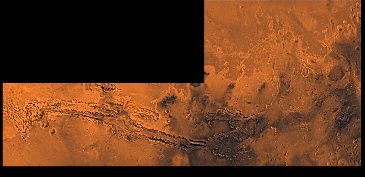A color image of Valles Marineris, the great canyon and the south Chryse basin-Valles Marineris outflow channels of Mars; north toward top. The scene shows the entire Valles Marineris canyon system, over 3,000 km long and averaging 8 km deep, extending from Noctis Labyrinthus, the arcuate system of graben to the west, to the chaotic terrain to the east and related outflow canyons that drain toward the Chryse basin. Eos and Capri Chasmata (south to north) are two canyons connected to Valles Marineris. Ganges Chasma lies directly north. The chaos in the southeast part of the image gives rise to several outflow channels, Shalbatana, Simud, Tiu, and Ares Valles (left to right), that drained north into the Chryse basin. The mouth of Ares Valles is the site of the Mars Pathfinder lander.      This image is a composite of Viking medium-resolution images in black and white and low-resolution images in color; Mercator projection. The image roughly extends from latitude 20 degrees S. to 20 degrees N. and from longitude 15 degrees to 102.5 degrees.      The connected chasma or valleys of Valles Marineris may have formed from a combination of erosional collapse and structural activity. Layers of material in the eastern canyons might consist of carbonates deposited in ancient lakes, eolian deposits, or volcanic materials. Huge ancient river channels began from Valles Marineris and from adjacent canyons and ran north. Many of the channels flowed north into Chryse Basin.      The south Chryse outflow channels are cut an average of 1 km into the cratered highland terrain. This terrain is about 9 km above datum near Valles Marineris and steadily decreases in elevation to 1 km below datum in the Chryse basin. Shalbatana is relatively narrow (10 km wide) but can reach 3 km in depth. The channel begins at a 2- to 3-km-deep circular depression within a large impact crater, whose floor is partly covered by chaotic material, and ends in Simud Valles. Tiu and Simud Valles consist of a complex of connected channel floors and chaotic terrain and extend as far south as and connect to eastern Valles Marineris. Ares Vallis originates from discontinuous patches of chaotic terrain within large craters. In the Chryse basin the Ares channel forks; one branch continues northwest into central Chryse Planitia and the other extends north into eastern Chryse Planitia.  http://photojournal.jpl.nasa.gov/catalog/PIA00426