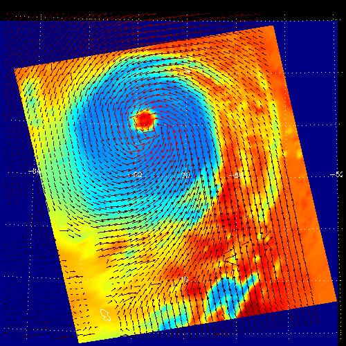 These two images show Hurricane Isabel as viewed by AIRS and SeaWinds scatterometers on NASA ADEOS-2 and QuikScat satellites in September, 2003. AIRS data are used to create global three-dimensional maps of temperature, humidity and clouds, while scatterometers measure surface wind speed and direction.  http://photojournal.jpl.nasa.gov/catalog/PIA00429