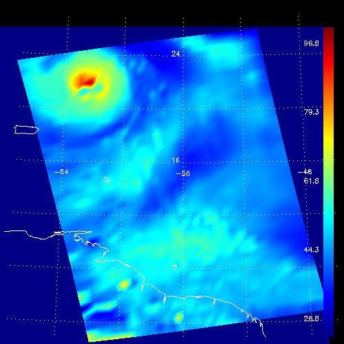 This false-color image shows the amount of atmospheric water vapor observed by AIRS two weeks prior to the passage of Hurricane Isabel, and then when it was a Category 5 storm. The region shown includes parts of South America and the West Indies. Puerto Rico is the large island below the upper left corner.  Total water vapor represents the depth of a layer if all the water vapor in the atmosphere were to condense and fall to the surface. The color bar on the right sides of the plots give the thickness of this layer in millimeters (mm). The first image, from August 28, shows typical tropical water vapor amounts over the ocean: between roughly 25 and 50 mm, or 1 to 2 inches. The highest values of roughly 80 mm, seen as a red blob over South America, corresponds to intense thunderstorms. Thunderstorms pull in water vapor from surrounding regions and concentrate it, with much of it then falling as rain.  http://photojournal.jpl.nasa.gov/catalog/PIA00430