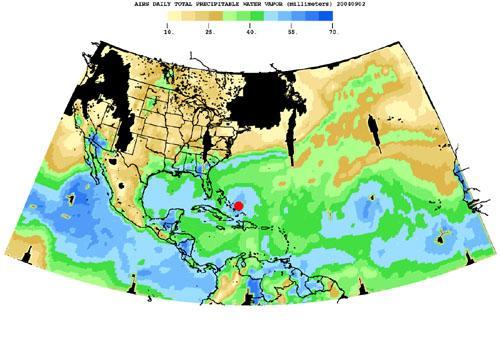 Born in the Atlantic, Hurricane Frances became a category 4 hurricane on August 31, 2004, as seen by the Atmospheric Infrared Sounding System AIRS on NASA Aqua. Expectations are the hurricane will hit the Space Coast of Florida in Brevard County early Sunday morning.  This frame from a movie is a time-series of maps that show AIRS observations of the total amount of water vapor present in the atmospheric column above each point of the Earth's surface. If all the water vapor in the column were forced to fall as rain, the depth of the resulting puddle on the surface at that point is equal to the value shown on the map. Fifty millimeters (mm) is about 2 inches. The large band of maximum water vapor in the neighborhood of the equator is the Intertropical Convergence Zone (ITCZ), a region of strong convection and powerful thunderstorms.  The movie (see PIA00433) shows the total precipitable water vapor from August 23 through September 2, 2004. You can see Hurricane Frances as it moves through the Caribbean toward Florida, and the changes in intensity are visible. The eye has been marked with a red spot. The water vapor encompassed by the hurricane is also the result of the very strong convection which is an integral part of the formation and intensification of tropical storms. If you look at the last frame of the movie in the lower right corner, you can see the emergence of a new tropical storm. Ivan makes its debut in the Atlantic.  http://photojournal.jpl.nasa.gov/catalog/PIA00433