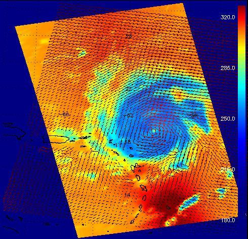 This image shows Hurricane Frances in August 2004 as captured by instruments onboard two different NASA satellites: the AIRS infrared instrument onboard Aqua, and the SeaWinds scatterometer onboard QuikSCAT. Both are JPL-managed instruments. AIRS data are used to create global three-dimensional maps of temperature, humidity and clouds, while scatterometers measure surface wind speed and direction over the ocean.  The red vectors in the image show Frances' surface winds as measured by SeaWinds on QuikSCAT. The background colors show the temperature of clouds and surface as viewed in the infrared by AIRS, with cooler areas pushing to purple and warmer areas are pushing to red. The color scale on the right gives the temperatures in degrees Kelvin. (The top of the scale, 320 degrees Kelvin, corresponds to 117 degrees Fahrenheit, and the bottom, 180 degrees K is -135 degrees F.) The powerful circulation of this storm is evident from the combined data as well as the development of a clearly-defined central "eye." The infrared signal does not penetrate through clouds, so the light blue areas reveal the cold clouds tops associated with strong thunderstorms embedded within the storm. In cloud-free areas the infrared signal comes from Earth's surface, revealing warmer temperatures.  http://photojournal.jpl.nasa.gov/catalog/PIA00435