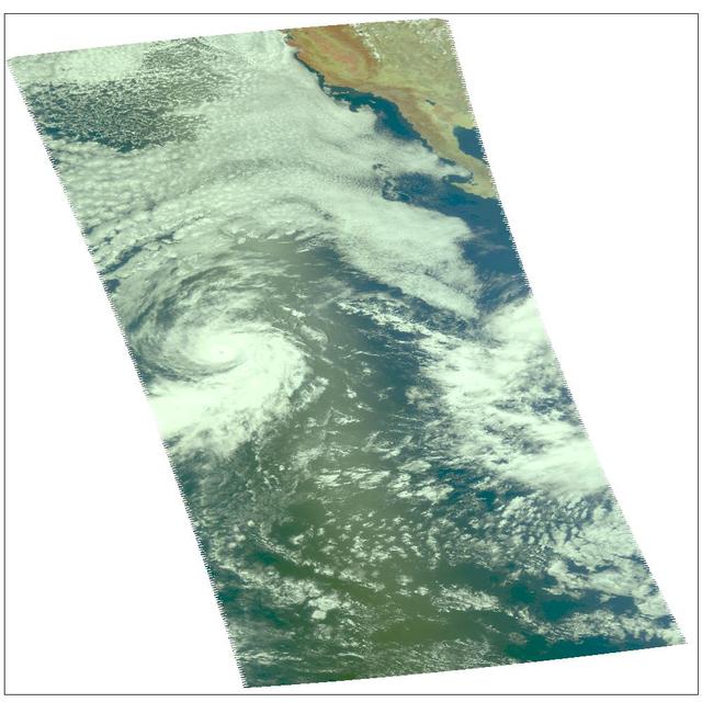 Hurricane Darby as observed by the Atmospheric Infrared Sounder AIRS onboard NASA Aqua in July, 2004. This daylight image of Hurricane Darby on July 28 was made with the visible sensor in the AIRS instrument suite. After reaching sustained winds on July 27 of 100 knots (115 mph) with gusts to 120 knots (138 mph), the intensity of the storm is now lowered to 75 knots (86 mph). Located in the eastern north Pacific Ocean located about 1,165 miles west-southwest of the southern tip of Baja California, the storm continues its west/northwest path at 14 knots (16mph). Figure 1 is a daylight snapshot from AIRS visible/near-infrared sensor before Darby became a tropical storm. Darby is in the upper right-hand corner. Circulation is not apparent because the storm was not organized sufficiently to allow the nascent eye to appear. At this time, winds were approximately 35 mph. Figure 2 is an AIRS infrared image. Darby falls on the edge of two AIRS data granules, which have been "stitched" together in this image. Storm intensity is lowered to 75 knots (86 mph), down from 100 knots (115 mph).  http://photojournal.jpl.nasa.gov/catalog/PIA00439