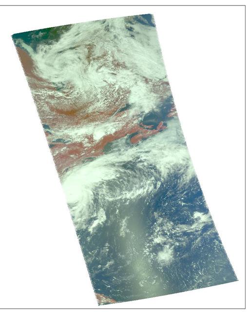 These images of hurricane Alex were captured on August 3, 2004 at 1:30pm EDT. Located in the Atlantic Ocean located about 80 miles south-southeast of Charleston, South Carolina, Alex is now a category 2 hurricane with maximum sustained winds were near 100 mph (161 kph). Alex's center was about 65 miles (104 kilometers) northeast of Cape Hatteras and moving away from the U.S. coast.  http://photojournal.jpl.nasa.gov/catalog/PIA00440