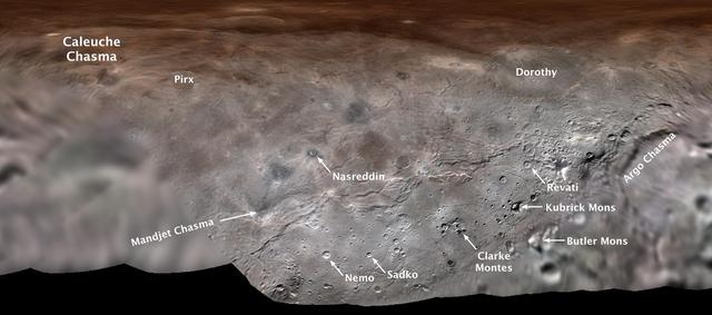 Map projection of Charon, the largest of Pluto's five moons, annotated with its first set of official feature names. With a diameter of about 755 miles, the Texas-sized moon is one of largest known objects in the Kuiper Belt, the region of icy, rocky bodies beyond Neptune. https://photojournal.jpl.nasa.gov/catalog/PIA00442