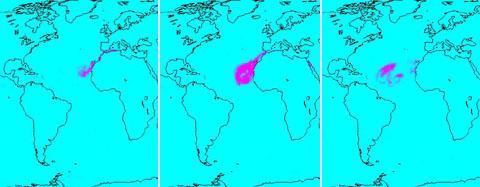 In July of 2005, a continent-sized cloud of hot air and dust originating from the Sahara Desert crossed the Atlantic Ocean and headed towards Florida and the Caribbean, captured by the Atmospheric Infrared Sounder onboard NASA Aqua satellite. A Saharan Air Layer, or SAL, forms when dry air and dust rise from Africa's west coast and ride the trade winds above the Atlantic Ocean.  These dust clouds are not uncommon, especially during the months of July and August. They start when weather patterns called tropical waves pick up dust from the desert in North Africa, carry it a couple of miles into the atmosphere and drift westward.   http://photojournal.jpl.nasa.gov/catalog/PIA00448