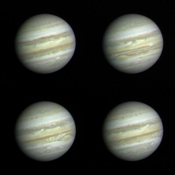 These Jupiter photographs are part of a set taken by NASA Voyager 1 on December 10 and 11, 1978 from a distance of 83 million km 52 million miles or more than half the distance from the Earth to the sun. At this range, Voyager 1 is able to record more detail on the giant planet than the very best ground-based telescopes. The highest resolution ever obtained on the Jovian disk was recorded by Pioneer 11 four years ago. Voyager, however, has longer focal-length optics than Pioneer, and while nearly three months from encounter (~ March 1979) was able to achieve higher resolution than that obtained by Pioneer only 24 hours from its encounter on 3 December 1974.  Jupiter's colorful and turbulent atmosphere is evident in these photographs. The entire visible surface of the planet is made up of multiple layers of clouds, composed primarily of ammonia ice crystals colored by small amounts of materials of unknown composition. The Great Red Spot, seen to the lower left of 2 and lower right of 3, is now recovering from a period of relative inconspicuousness. An atmospheric system larger than the Earth and more than 100 years old, the Great Red Spot remains a mystery and a challenge to Voyager instruments. A bright convective cloud (center of and right of center in 4) displays a plume which has been swept westward (to the left) by local currents in the planet's equatorial wind system.  Below and to the left and right of the Great Red Spot are a pair of white oval clouds; a third can be seen in 1. All three were formed almost 40 years ago and are the second oldest class of discrete features identified in the Jovian atmosphere.  Each of the pictures was produced from blue, green, and orange originals in JPL's Image Processing Laboratory.   http://photojournal.jpl.nasa.gov/catalog/PIA00454