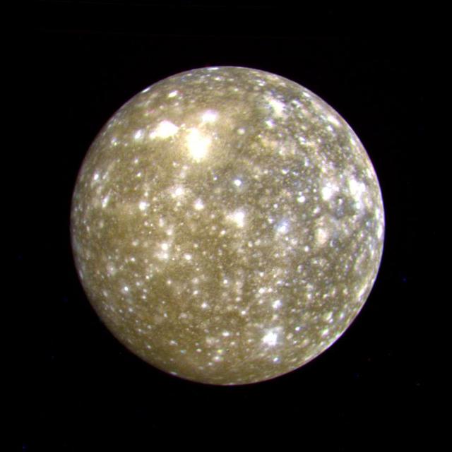 This false color picture of Callisto was taken by NASA's Voyager 2 on July 7, 1979 at a range of 1,094,666 kilometers (677,000 miles) and is centered on 11 degrees N and 171 degrees W. This rendition uses an ultraviolet image for the blue component. Because the surface displays regional contrast in UV, variations in surface materials are apparent. Notice in particular the dark blue haloes which surround bright craters in the eastern hemisphere. The surface of Callisto is the most heavily cratered of the Galilean satellites and resembles ancient heavily cratered terrains on the moon, Mercury and Mars. The bright areas are ejecta thrown out by relatively young impact craters. A large ringed structure, probably an impact basin, is shown in the upper left part of the picture. The color version of this picture was constructed by compositing black and white images taken through the ultraviolet, clear and orange filters.  http://photojournal.jpl.nasa.gov/catalog/PIA00457