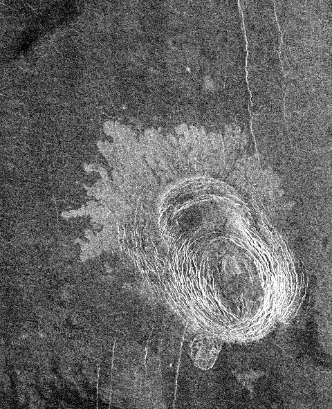 This image from NASA Magellan spacecraft is of Sachs Patera on Venus, centered at 49 degrees north, 334 degrees east. Defined as a sag-caldera, Sachs is an elliptical depression 130 meters (81 feet) in depth, spanning 40 kilometers (25 miles) in width along its longest axis. The morphology implies that a chamber of molten material drained and collapsed, forming a depression surrounded by concentric scarps spaced 2-to-5 kilometers (1.2- to-3 miles) apart. The arc-shaped set of scarps, extending out to the north from the prominent ellipse, is evidence for a separate episode of withdrawal; the small lobe-shaped extension to the southwest may represent an additional event. Solidified lava flows 10-to-25 kilometers (6-to-16 miles) long, give the caldera its flower-like appearance. The flows are a lighter tone of gray in the radar data because the lava is blockier in texture and consequently returns more radar waves. Much of the lava, which was evacuated from the chamber, probably traveled to other locations underground, while some of it may have surfaced further south. This is unlike calderas on Earth, where a rim of lava builds up in the immediate vicinity of the caldera.   http://photojournal.jpl.nasa.gov/catalog/PIA00473