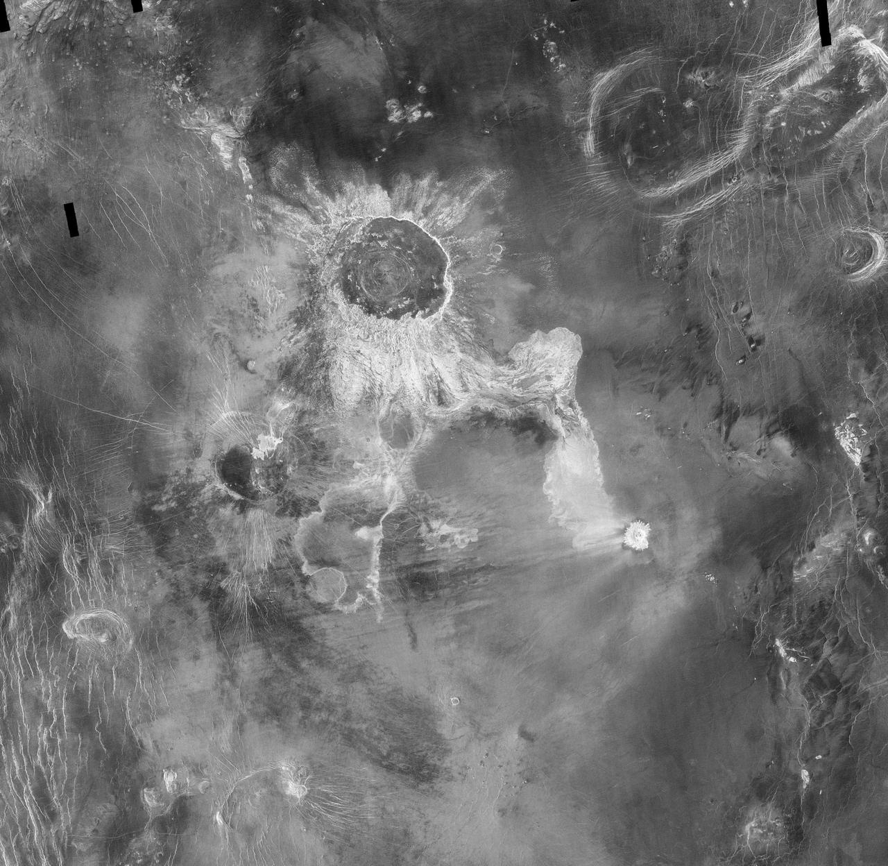 Crater Isabella is seen in this radar image from NASA Magellan spacecraft. The second largest impact crater on Venus, the crater is named in honor of the 15th Century queen of Spain, Isabella of Castile.